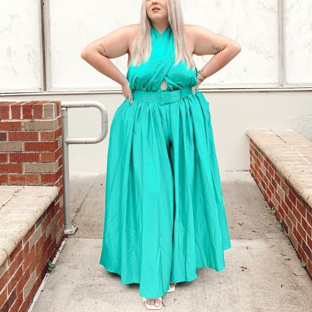SALE!! Sexy Plus size emerald green halter wide leg jumpsuit 1x-4x